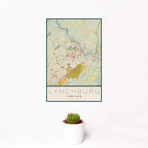 12x18 Lynchburg Virginia Map Print Portrait Orientation in Woodblock Style With Small Cactus Plant in White Planter
