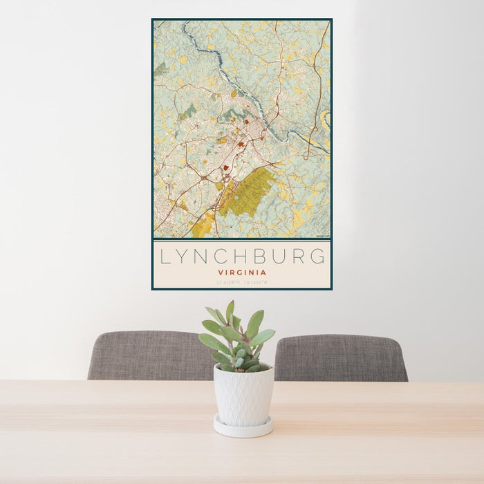 24x36 Lynchburg Virginia Map Print Portrait Orientation in Woodblock Style Behind 2 Chairs Table and Potted Plant