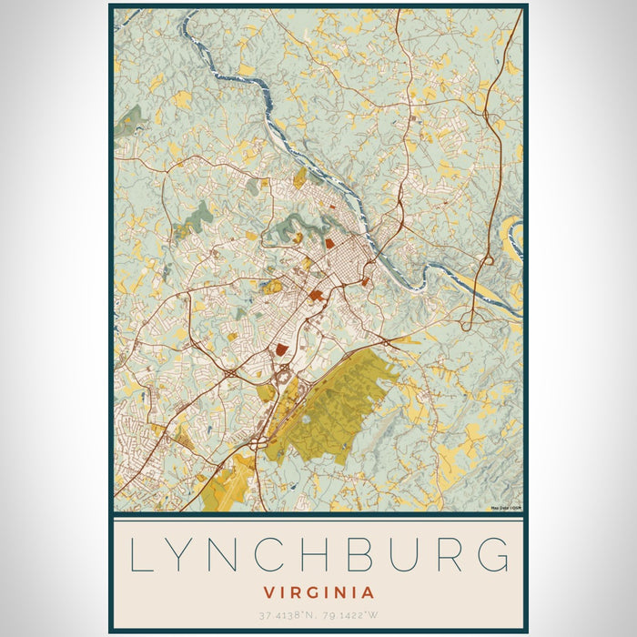 Lynchburg Virginia Map Print Portrait Orientation in Woodblock Style With Shaded Background