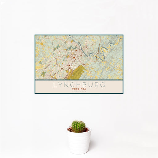 12x18 Lynchburg Virginia Map Print Landscape Orientation in Woodblock Style With Small Cactus Plant in White Planter
