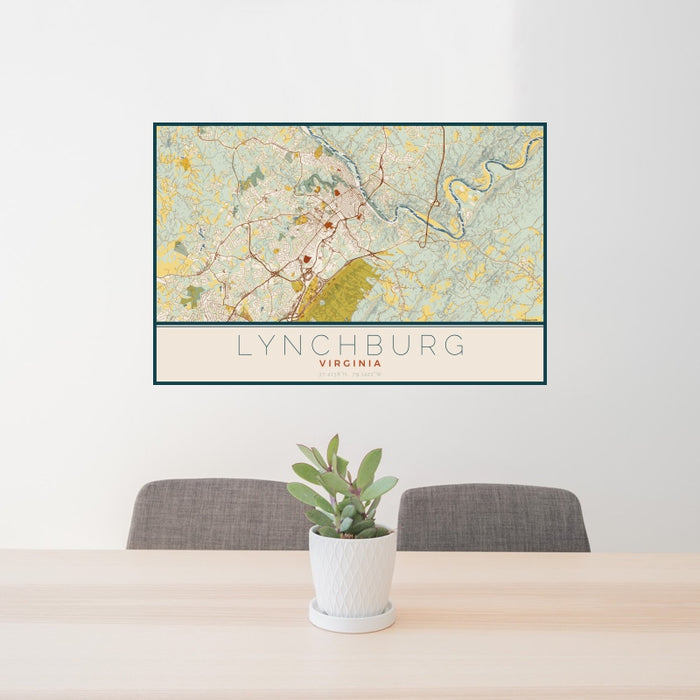 24x36 Lynchburg Virginia Map Print Landscape Orientation in Woodblock Style Behind 2 Chairs Table and Potted Plant