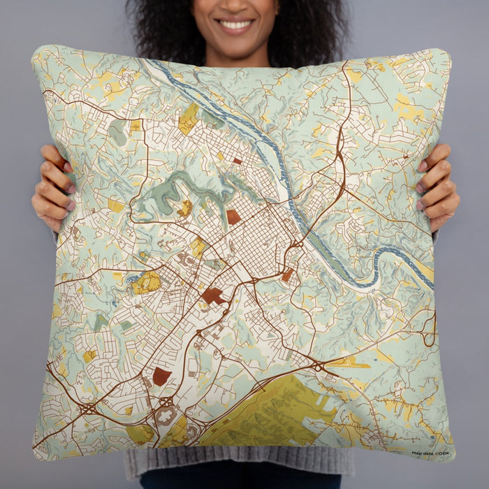Person holding 22x22 Custom Lynchburg Virginia Map Throw Pillow in Woodblock