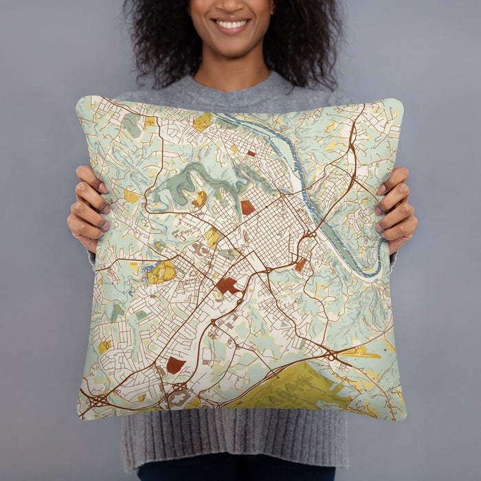 Person holding 18x18 Custom Lynchburg Virginia Map Throw Pillow in Woodblock