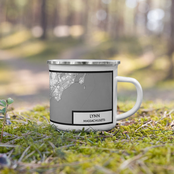 Right View Custom Lynn Massachusetts Map Enamel Mug in Classic on Grass With Trees in Background