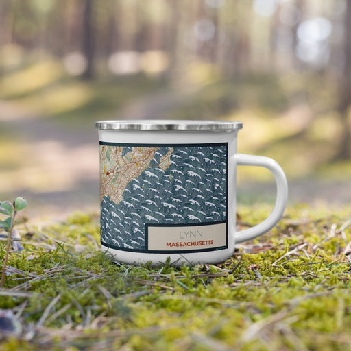 Right View Custom Lynn Massachusetts Map Enamel Mug in Woodblock on Grass With Trees in Background