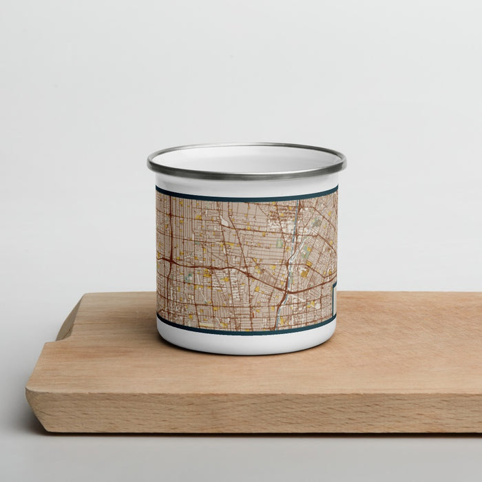 Front View Custom Lynwood California Map Enamel Mug in Woodblock on Cutting Board