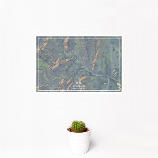12x18 Lyons Colorado Map Print Landscape Orientation in Afternoon Style With Small Cactus Plant in White Planter
