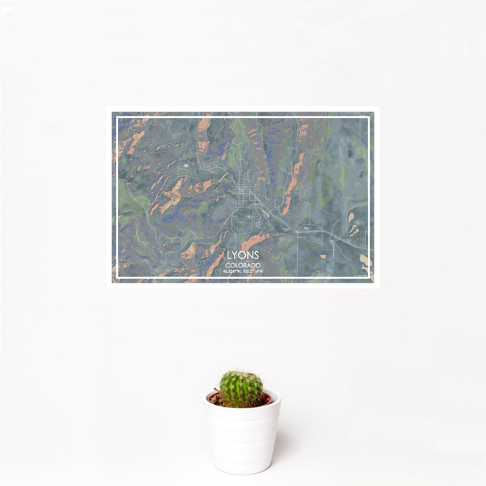 12x18 Lyons Colorado Map Print Landscape Orientation in Afternoon Style With Small Cactus Plant in White Planter