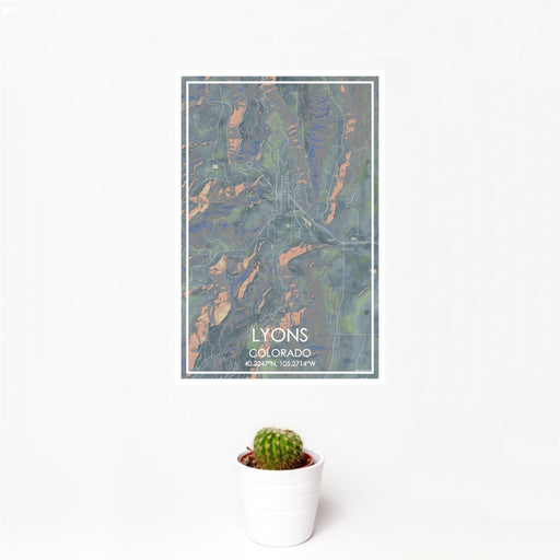 12x18 Lyons Colorado Map Print Portrait Orientation in Afternoon Style With Small Cactus Plant in White Planter