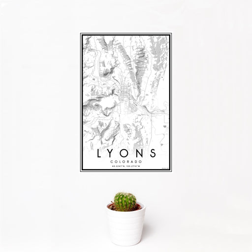 12x18 Lyons Colorado Map Print Portrait Orientation in Classic Style With Small Cactus Plant in White Planter