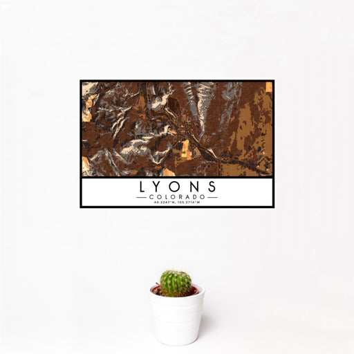 12x18 Lyons Colorado Map Print Landscape Orientation in Ember Style With Small Cactus Plant in White Planter