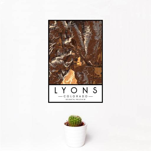 12x18 Lyons Colorado Map Print Portrait Orientation in Ember Style With Small Cactus Plant in White Planter
