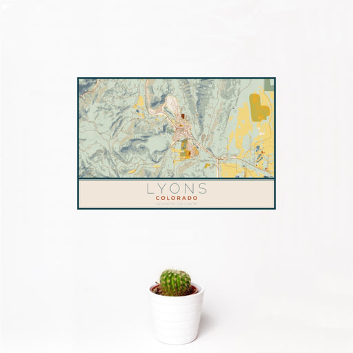 12x18 Lyons Colorado Map Print Landscape Orientation in Woodblock Style With Small Cactus Plant in White Planter