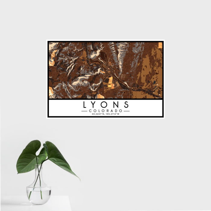 16x24 Lyons Colorado Map Print Landscape Orientation in Ember Style With Tropical Plant Leaves in Water