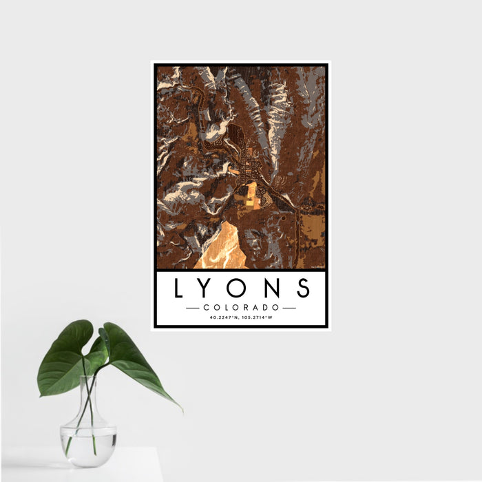 16x24 Lyons Colorado Map Print Portrait Orientation in Ember Style With Tropical Plant Leaves in Water