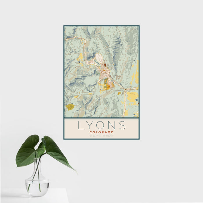 16x24 Lyons Colorado Map Print Portrait Orientation in Woodblock Style With Tropical Plant Leaves in Water
