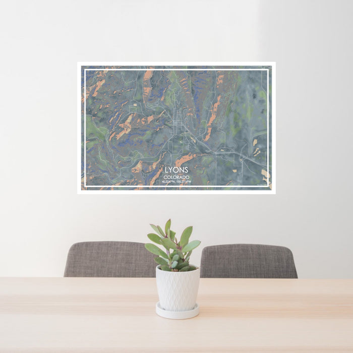 24x36 Lyons Colorado Map Print Lanscape Orientation in Afternoon Style Behind 2 Chairs Table and Potted Plant