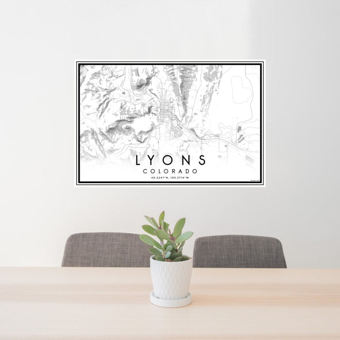 24x36 Lyons Colorado Map Print Lanscape Orientation in Classic Style Behind 2 Chairs Table and Potted Plant