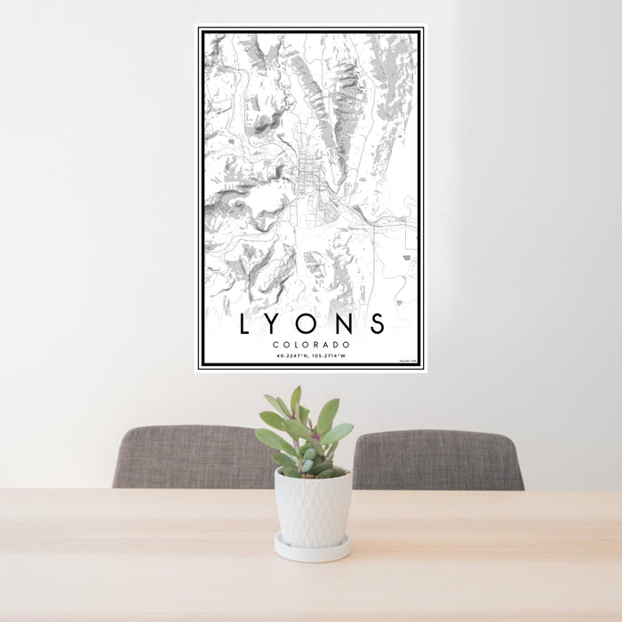 24x36 Lyons Colorado Map Print Portrait Orientation in Classic Style Behind 2 Chairs Table and Potted Plant