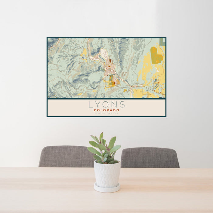 24x36 Lyons Colorado Map Print Lanscape Orientation in Woodblock Style Behind 2 Chairs Table and Potted Plant