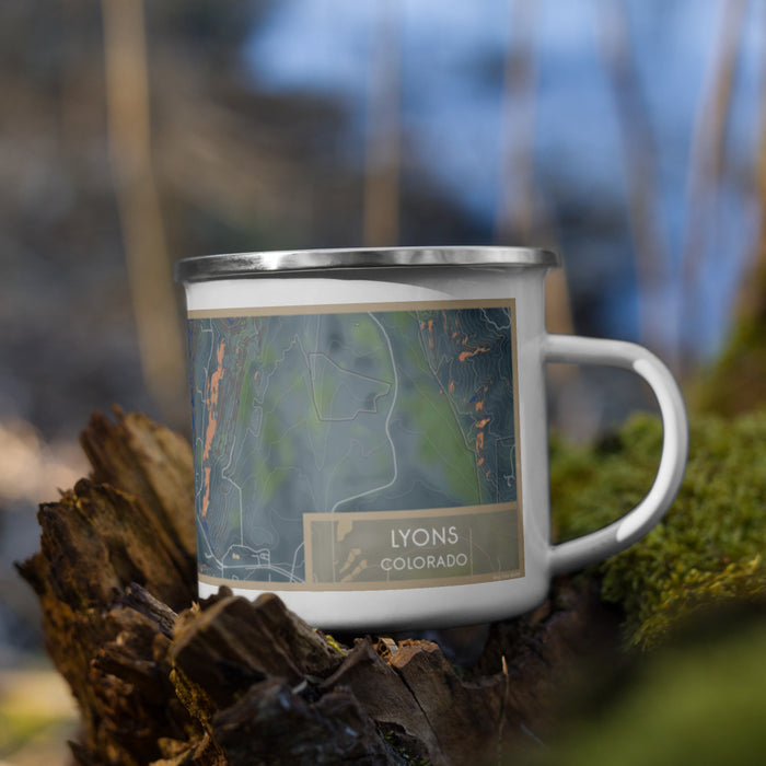 Right View Custom Lyons Colorado Map Enamel Mug in Afternoon on Grass With Trees in Background