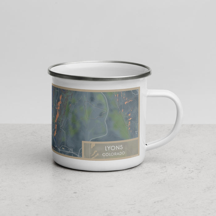 Right View Custom Lyons Colorado Map Enamel Mug in Afternoon