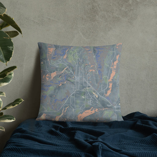 Custom Lyons Colorado Map Throw Pillow in Afternoon on Bedding Against Wall