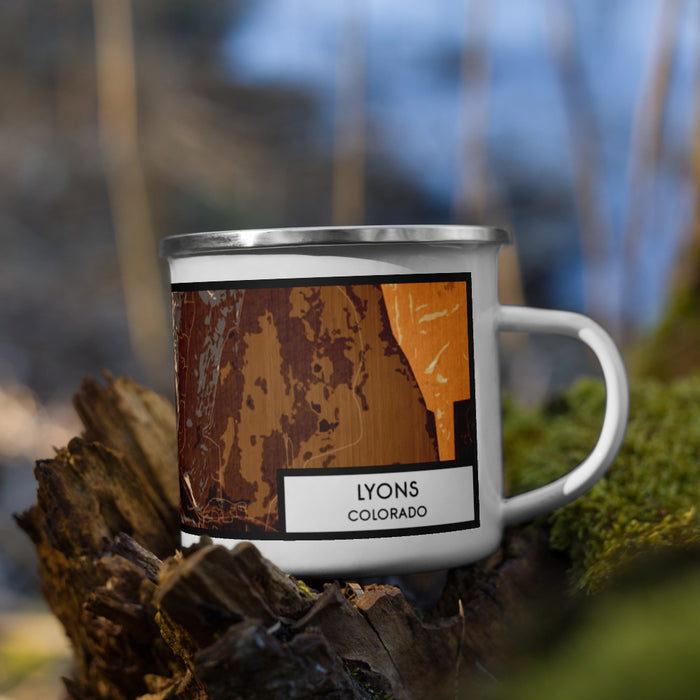 Right View Custom Lyons Colorado Map Enamel Mug in Ember on Grass With Trees in Background