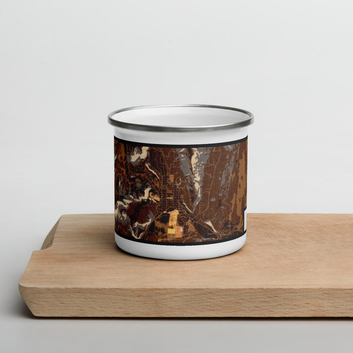 Front View Custom Lyons Colorado Map Enamel Mug in Ember on Cutting Board