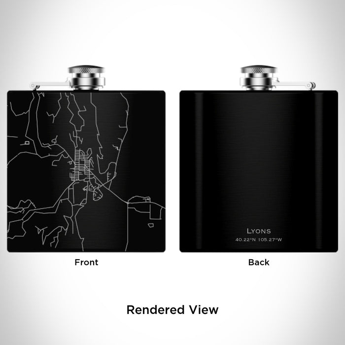 Rendered View of Lyons Colorado Map Engraving on 6oz Stainless Steel Flask in Black