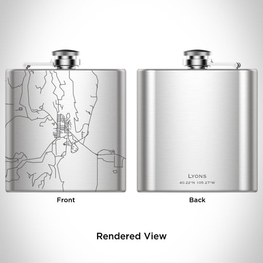 Rendered View of Lyons Colorado Map Engraving on 6oz Stainless Steel Flask