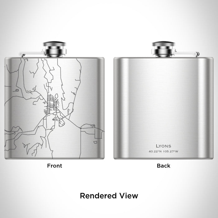 Rendered View of Lyons Colorado Map Engraving on 6oz Stainless Steel Flask