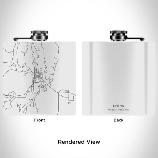 Rendered View of Lyons Colorado Map Engraving on 6oz Stainless Steel Flask in White