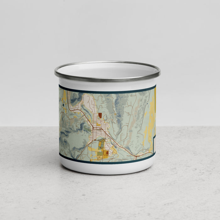 Front View Custom Lyons Colorado Map Enamel Mug in Woodblock
