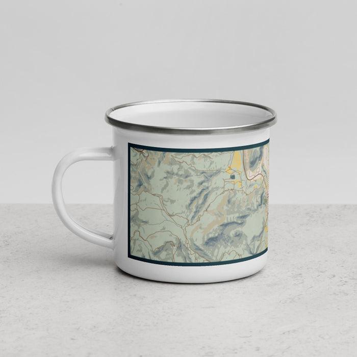 Left View Custom Lyons Colorado Map Enamel Mug in Woodblock