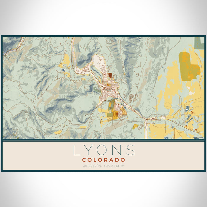 Lyons Colorado Map Print Landscape Orientation in Woodblock Style With Shaded Background