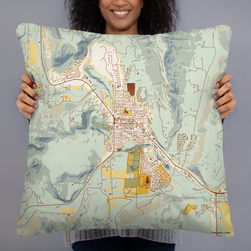 Person holding 22x22 Custom Lyons Colorado Map Throw Pillow in Woodblock
