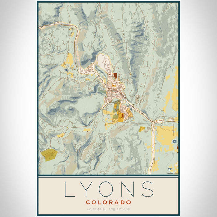 Lyons Colorado Map Print Portrait Orientation in Woodblock Style With Shaded Background
