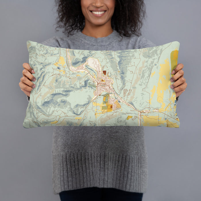 Person holding 20x12 Custom Lyons Colorado Map Throw Pillow in Woodblock