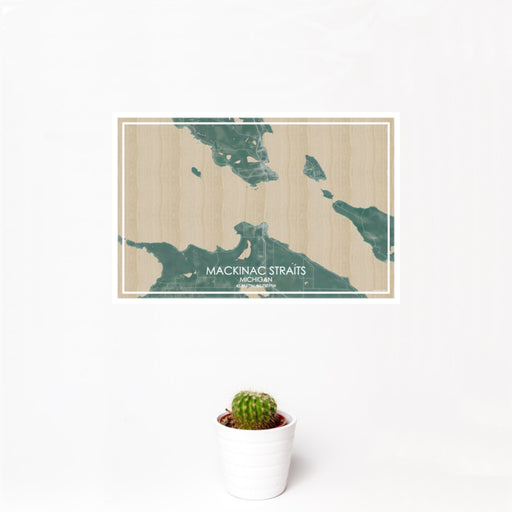 12x18 Mackinac Straits Michigan Map Print Landscape Orientation in Afternoon Style With Small Cactus Plant in White Planter