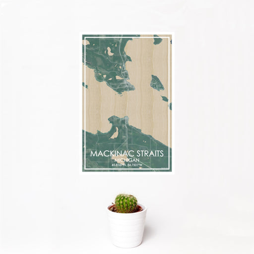 12x18 Mackinac Straits Michigan Map Print Portrait Orientation in Afternoon Style With Small Cactus Plant in White Planter