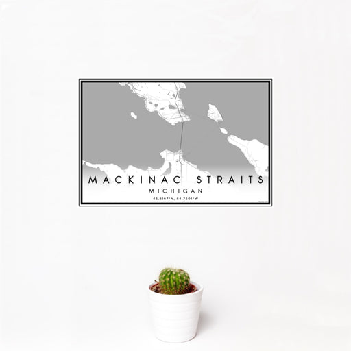 12x18 Mackinac Straits Michigan Map Print Landscape Orientation in Classic Style With Small Cactus Plant in White Planter