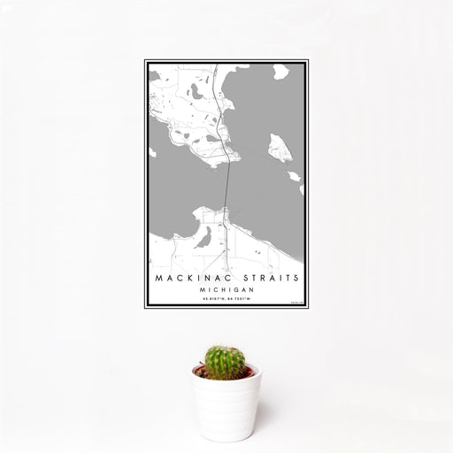 12x18 Mackinac Straits Michigan Map Print Portrait Orientation in Classic Style With Small Cactus Plant in White Planter