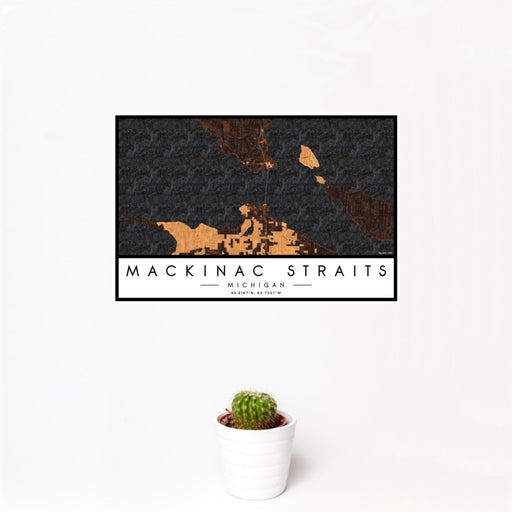 12x18 Mackinac Straits Michigan Map Print Landscape Orientation in Ember Style With Small Cactus Plant in White Planter