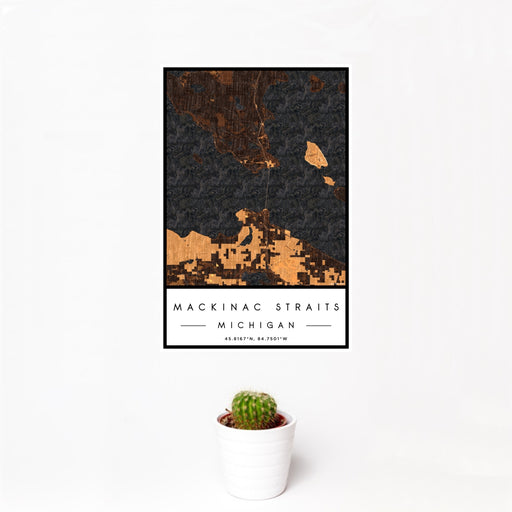 12x18 Mackinac Straits Michigan Map Print Portrait Orientation in Ember Style With Small Cactus Plant in White Planter