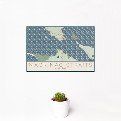 12x18 Mackinac Straits Michigan Map Print Landscape Orientation in Woodblock Style With Small Cactus Plant in White Planter