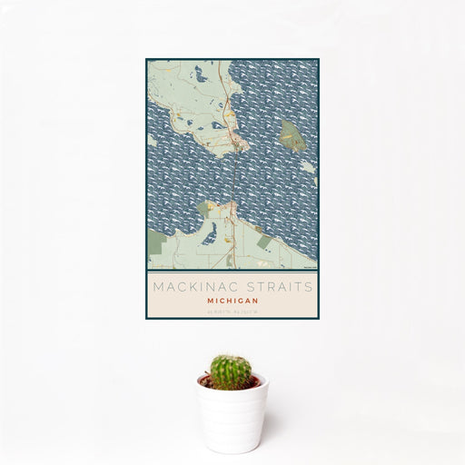 12x18 Mackinac Straits Michigan Map Print Portrait Orientation in Woodblock Style With Small Cactus Plant in White Planter