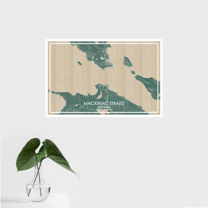 16x24 Mackinac Straits Michigan Map Print Landscape Orientation in Afternoon Style With Tropical Plant Leaves in Water