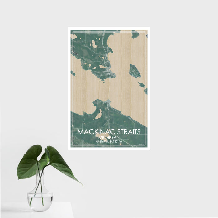 16x24 Mackinac Straits Michigan Map Print Portrait Orientation in Afternoon Style With Tropical Plant Leaves in Water