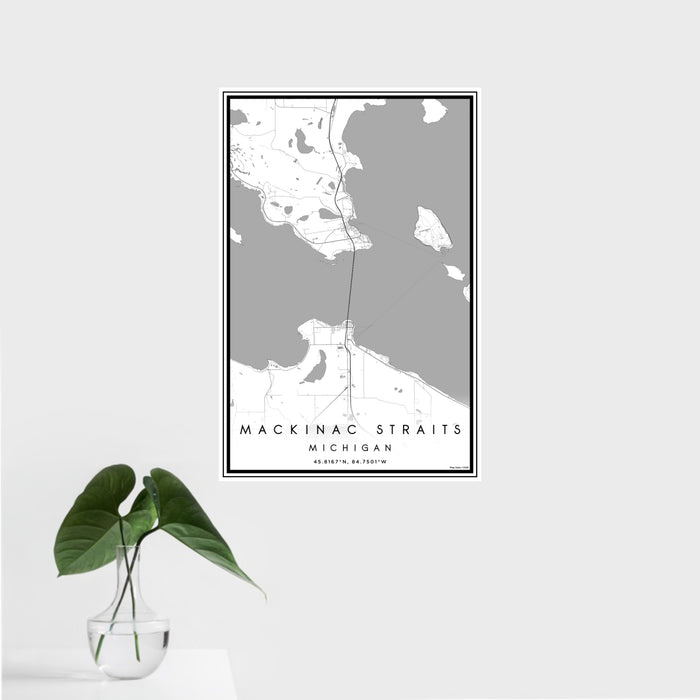 16x24 Mackinac Straits Michigan Map Print Portrait Orientation in Classic Style With Tropical Plant Leaves in Water